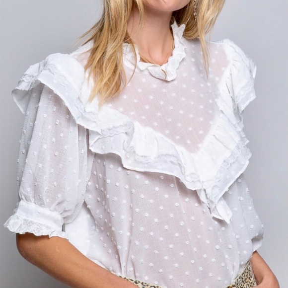 POL Swiss Dot Ruffle Mock Neck Blouse Half Sleeves Relaxed Fit - Picture 3 of 11